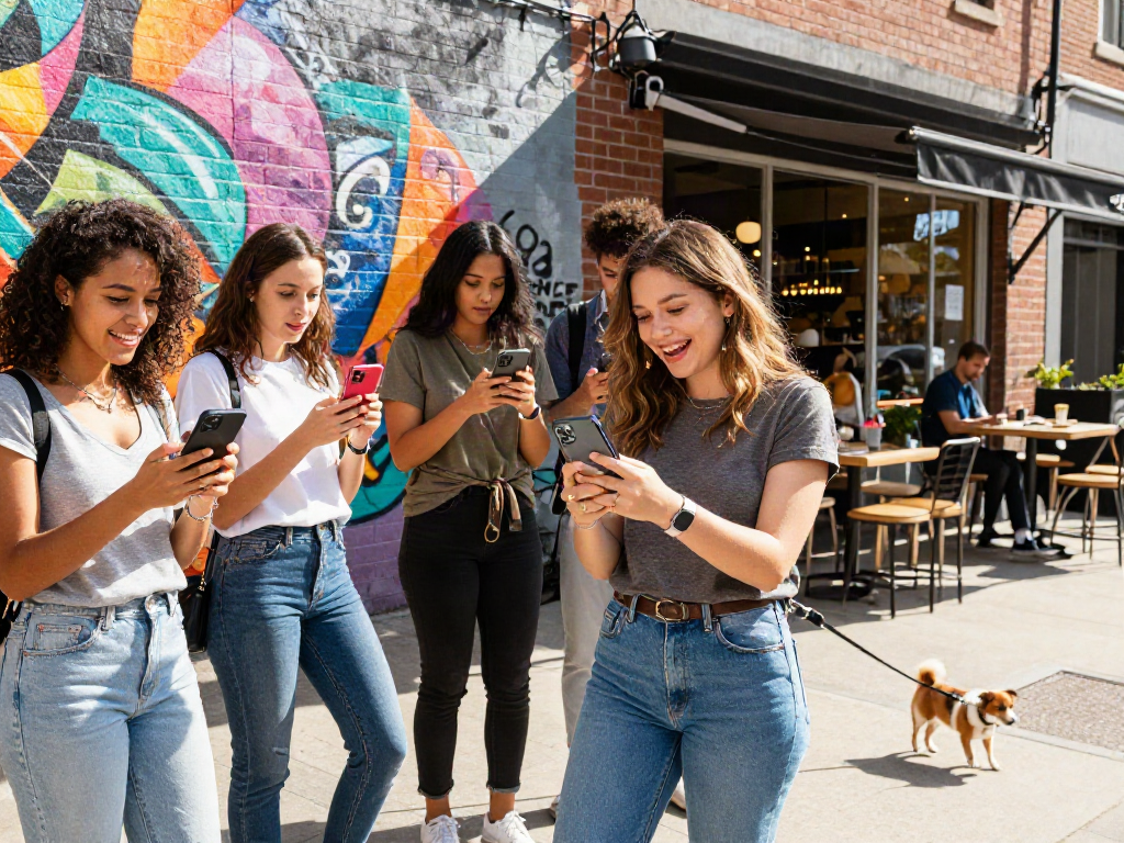 Friends excitedly discovering which celebrities look alike in an urban setting