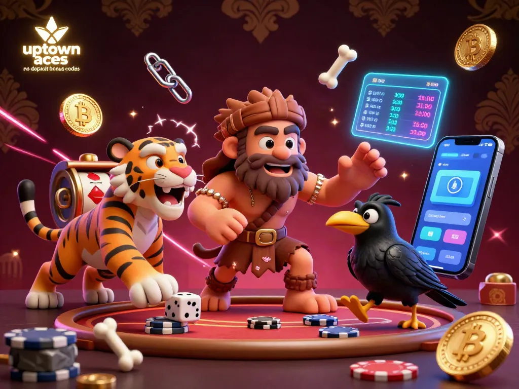 Engage with uptown aces no deposit bonus codes, featuring a playful prehistoric casino scene with bitcoin and slot reels.