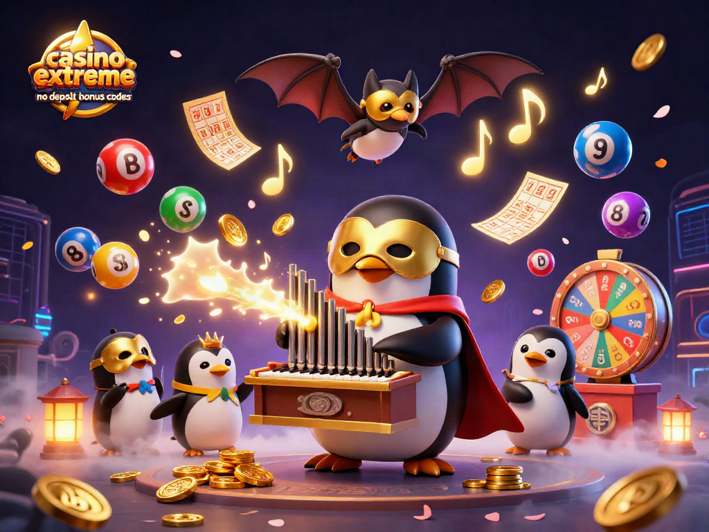 Engage with casino extreme no deposit bonus codes depicted in a vibrant 3D scene featuring a charismatic penguin and gold coins.