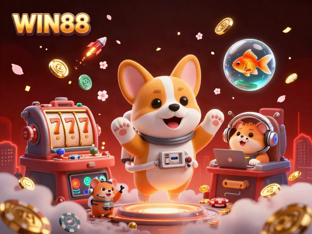 WIN88 slot corgi illustration inside space casino, featuring gold coins and light effects.