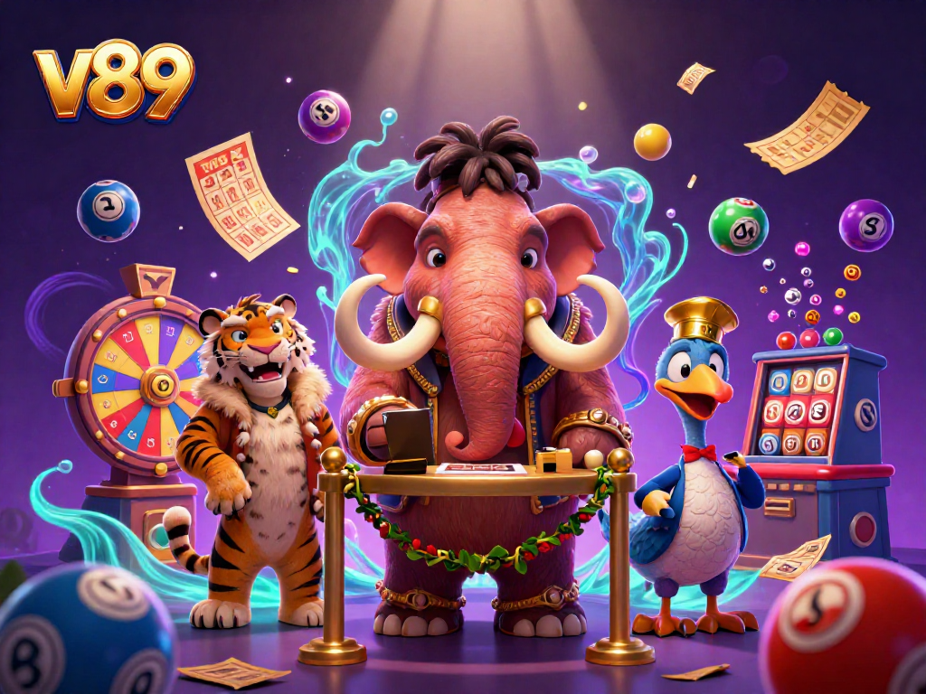 Tangkapan layar slot v89 yang menunjukkan tiket emas dan bola lotere berwarna-warni mengelilingi bouncer mamoth dalam suasana kasino.