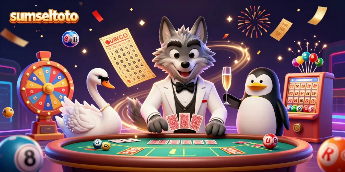Sumseltoto animated scene showcasing a debonair wolf, elegant swan, and penguin with casino elements.