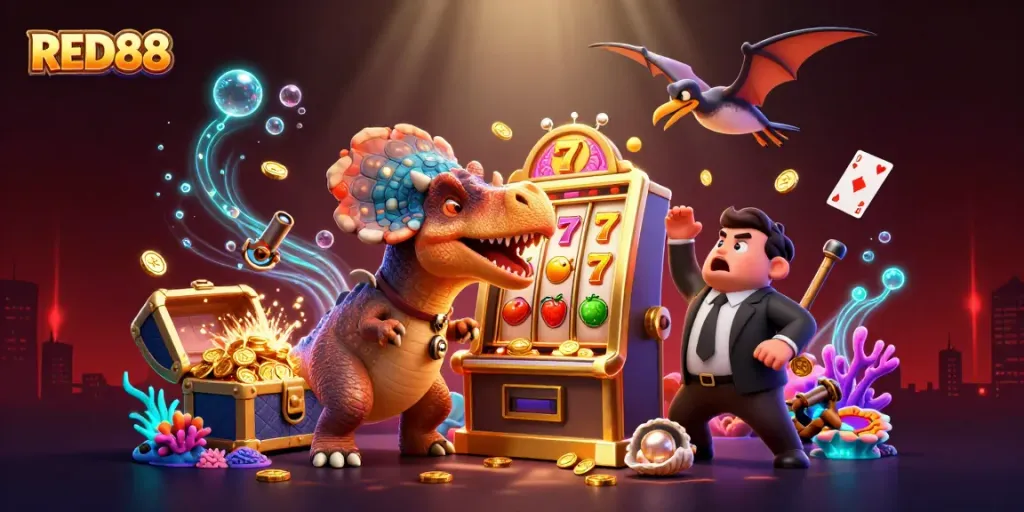 RED88 casino action scene with animated dinosaurs celebrating jackpot payout, dynamic gambling elements.