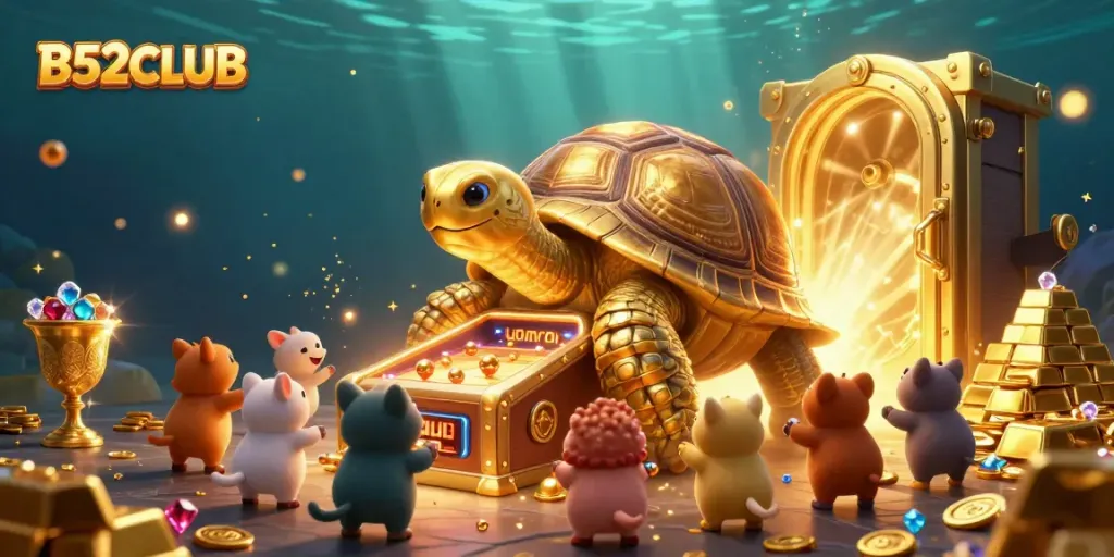 B52CLUB players enjoy an exciting game experience with cartoon characters in a treasure-themed casino