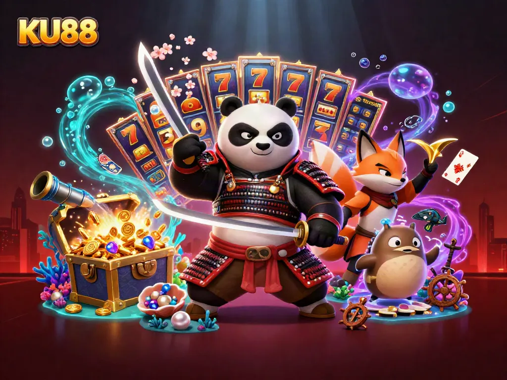 Engage in thrilling games at KU88, featuring a dynamic scene with samurai panda and colorful casino elements.