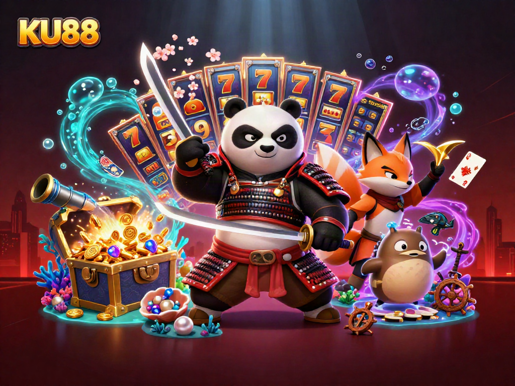 Engage in thrilling games at KU88, featuring a dynamic scene with samurai panda and colorful casino elements.
