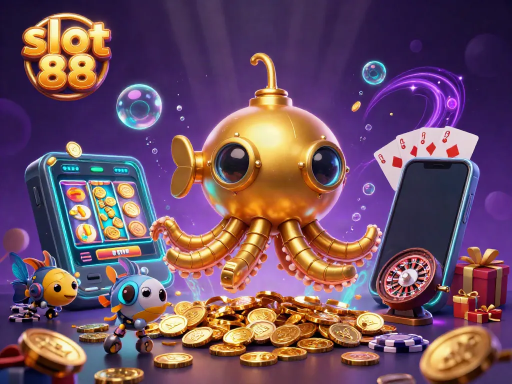 Spin and win at slot 88 with a vibrant 3D scene featuring golden kraken submarine and immersive elements.