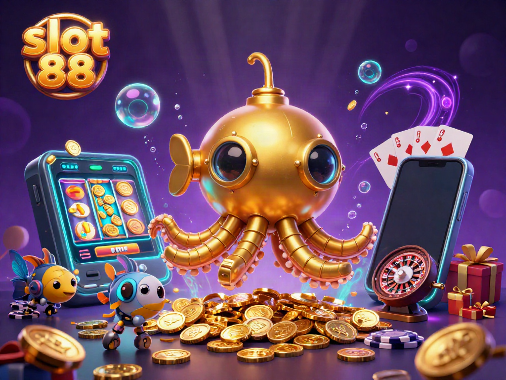 Spin and win at slot 88 with a vibrant 3D scene featuring golden kraken submarine and immersive elements.