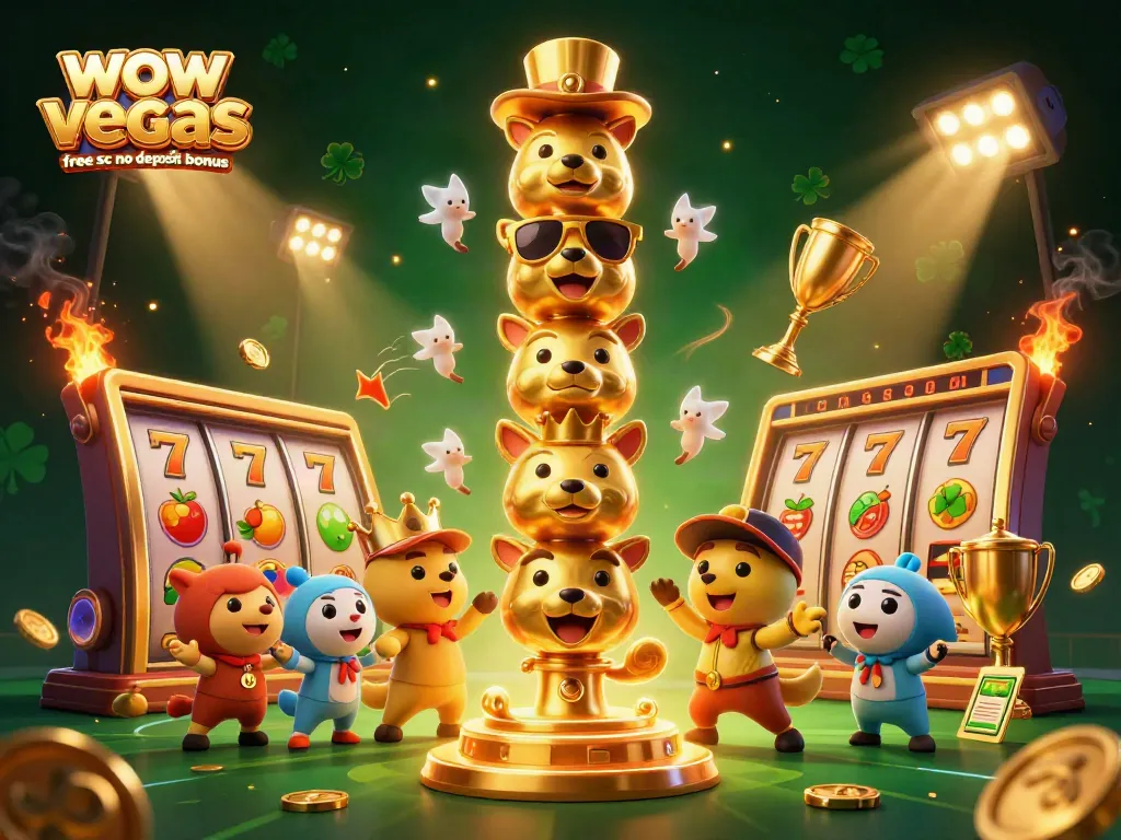 Engage with the wow vegas free sc no deposit bonus through a vibrant 3D illustration of casino symbols and characters.