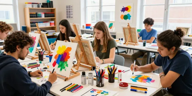 Group of artists using diverse markers wholesale in a colorful art studio workshop