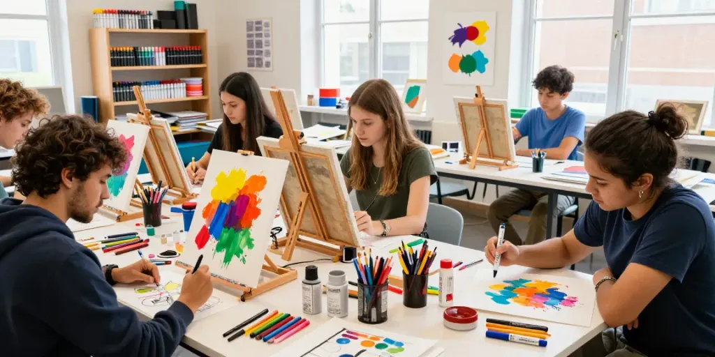 Group of artists using diverse markers wholesale in a colorful art studio workshop