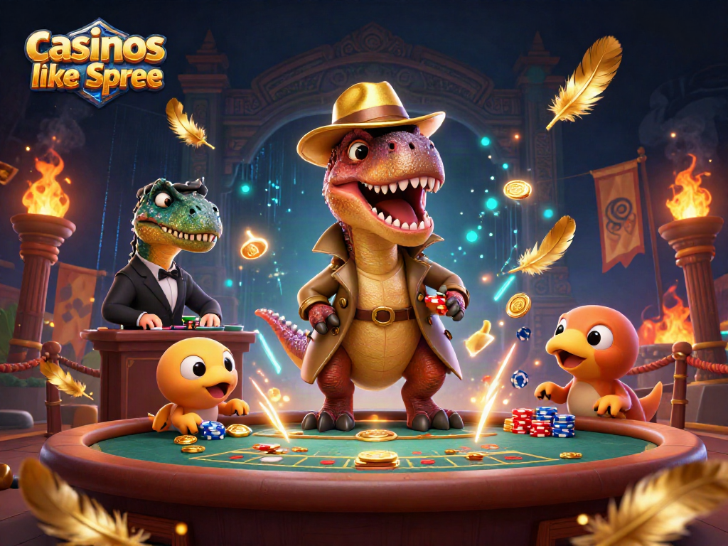 Play exciting games like spree with a cartoon velociraptor and a stegosaurus at a blackjack table.