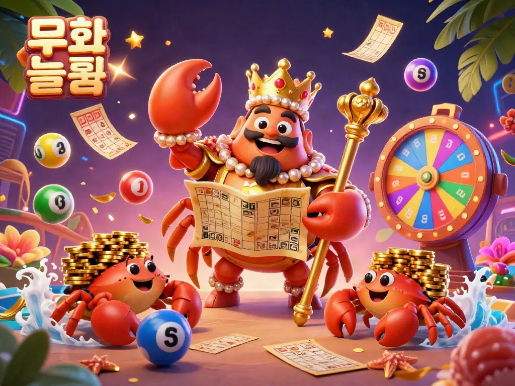 Experience the excitement of 무료슬롯 as a majestic golden crab emperor commands a vibrant casino scene filled with dynamic lottery elements and treasure.