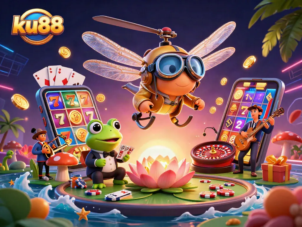 Experience thrilling gaming action at ku88 with vibrant slots and festive casino characters.