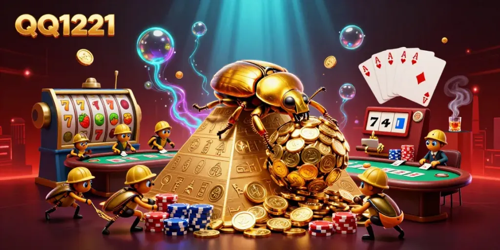 Engage with QQ1221 as a vibrant golden beetle team rolls coins in a captivating casino scene.