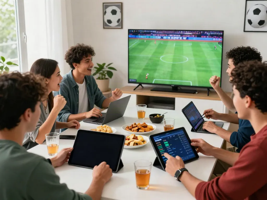 Cheering friends analyzing WWBOLA sports betting odds in a lively living room.