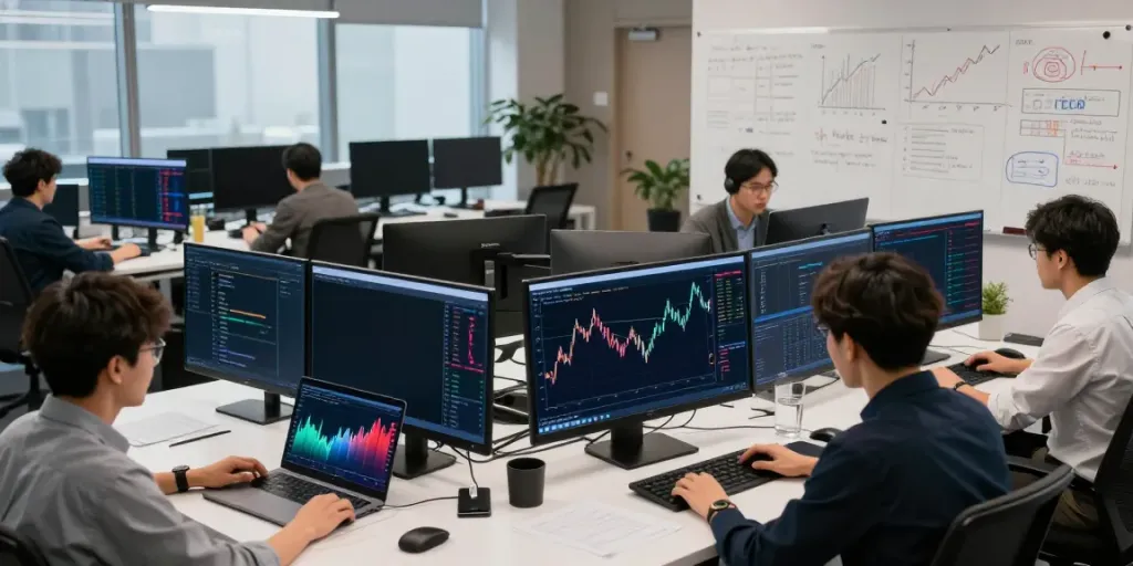 Real-time trading environment showcasing currency exchange rate API data on multiple screens in a collaborative workspace.