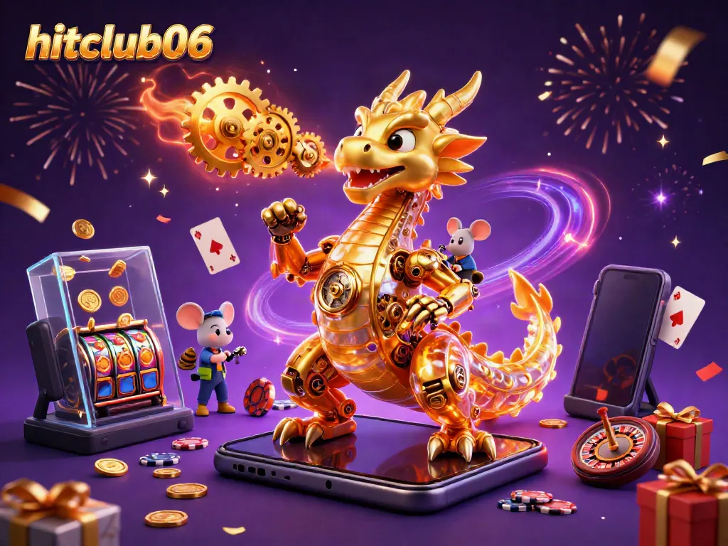 Experience thrilling gameplay at hitclub06 with a golden dragon surrounded by casino elements and colorful games.