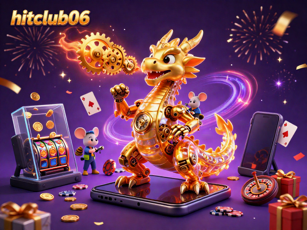 Experience thrilling gameplay at hitclub06 with a golden dragon surrounded by casino elements and colorful games.