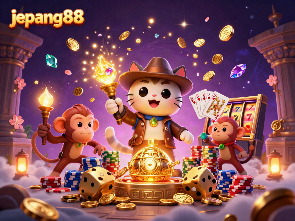 Experience jepang88's thrilling adventures in a magical casino temple with cartoon characters amidst golden treasures.