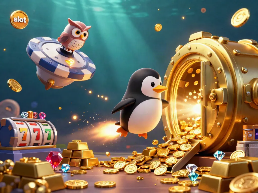 Slot yang menarik dengan penguin emas dan elemen kasino bersinar, mengundang pemain beruntung.
