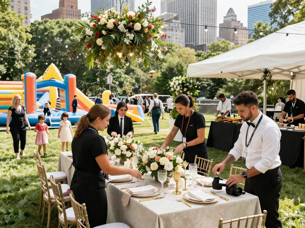 Event rentals showcased at an elegant outdoor wedding with luxurious setups.
