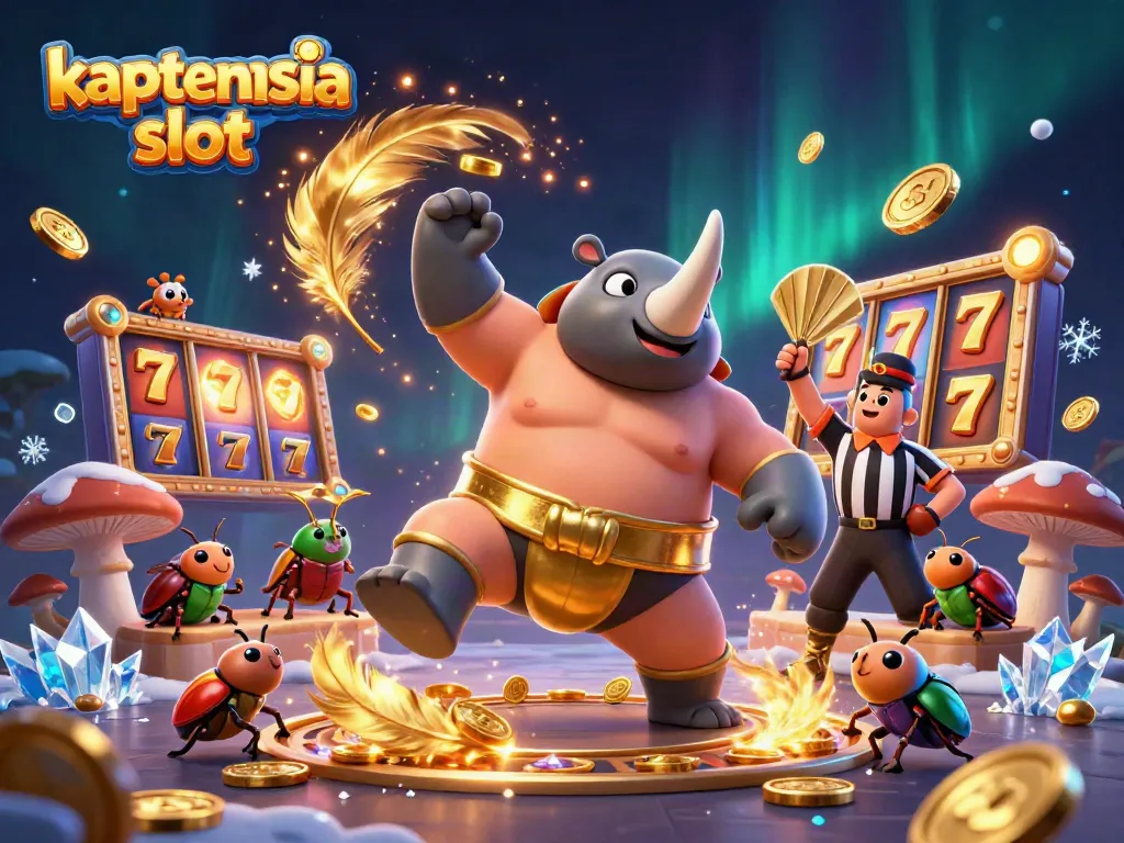Kaptenasia slot menampilkan juara sumo kumbang badak 3D menginjak dan koin berhamburan dalam arena permainan penuh warna.