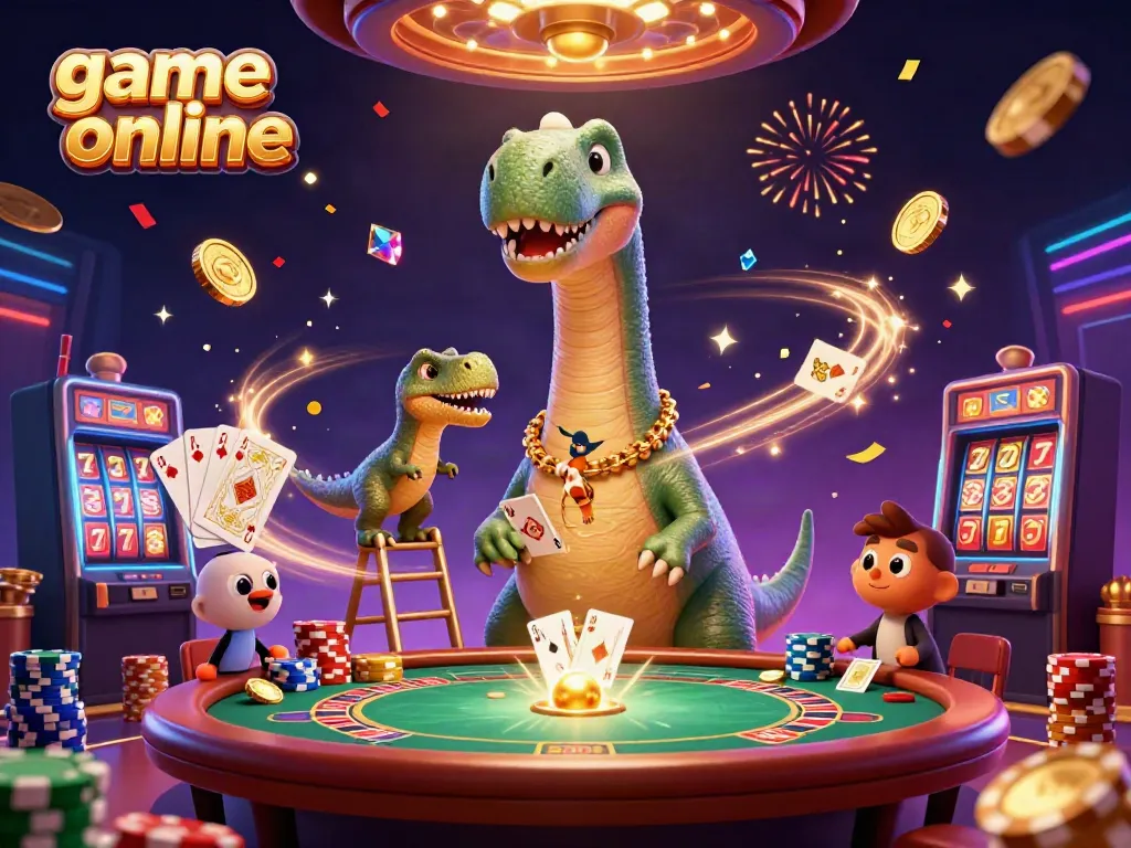 Experience thrilling game online action with a brontosaurus and clever raptor at a vibrant casino.