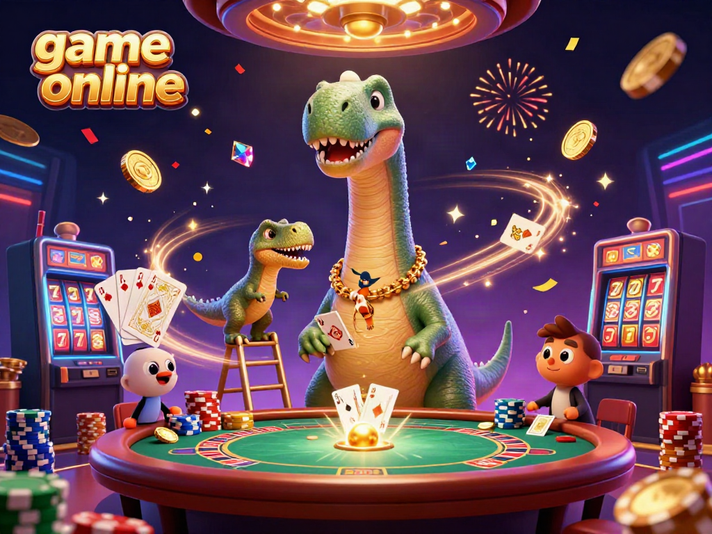 Experience thrilling game online action with a brontosaurus and clever raptor at a vibrant casino.