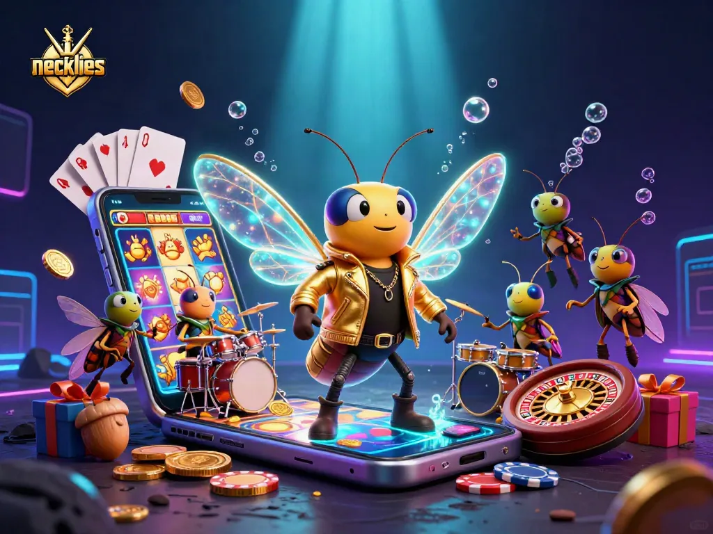Ante up with trendy necklaces themed in a colorful casino scene featuring vibrant characters.