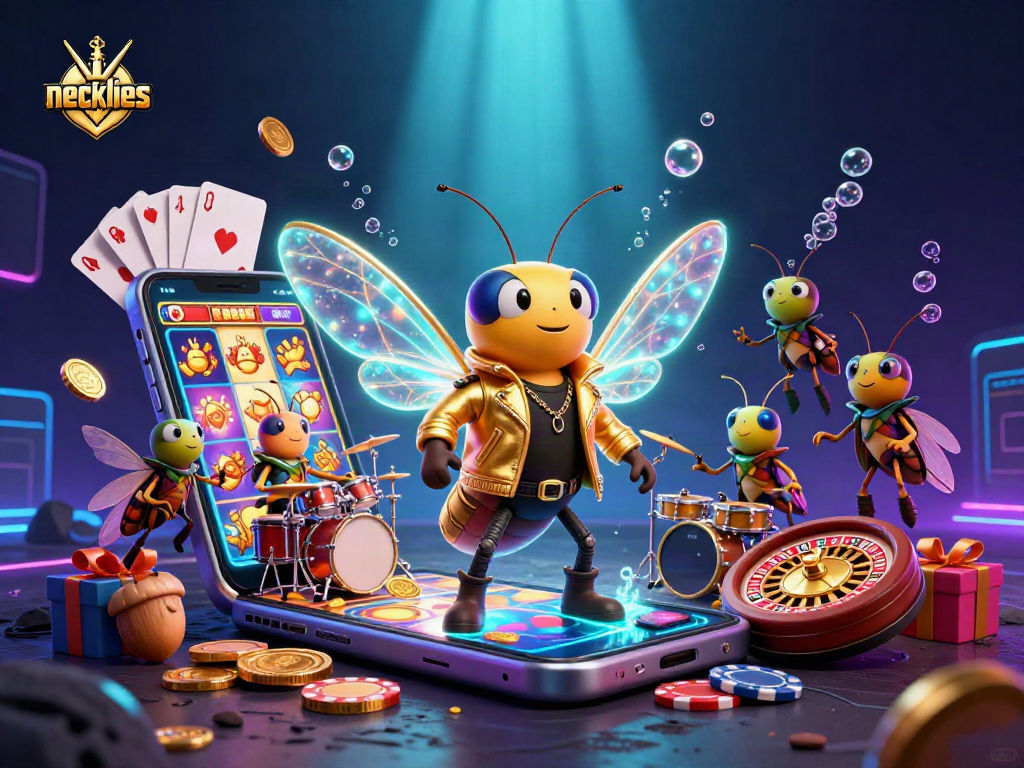 Ante up with trendy necklaces themed in a colorful casino scene featuring vibrant characters.