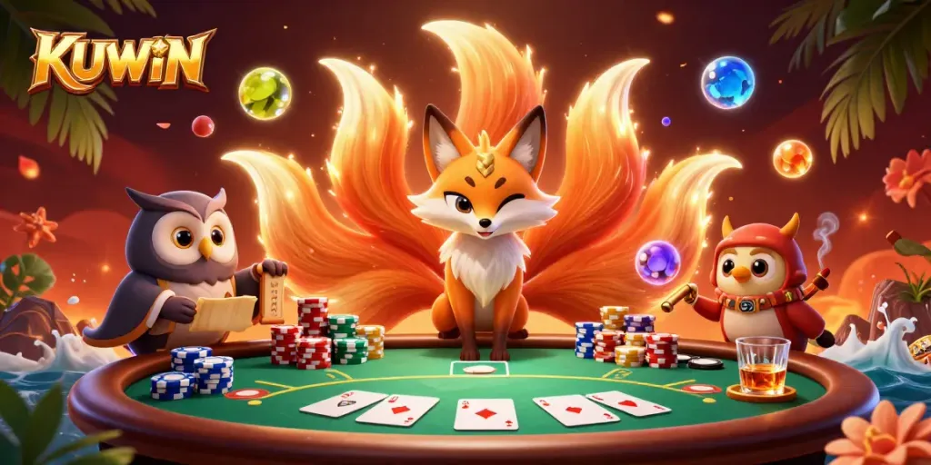 KUWIN offers thrilling poker experiences with vibrant characters and dynamic casino elements in a stunning 3D illustration.