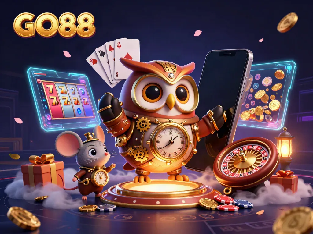 Spin the reels and win big with GO88 at this vibrant, futuristic casino scene.