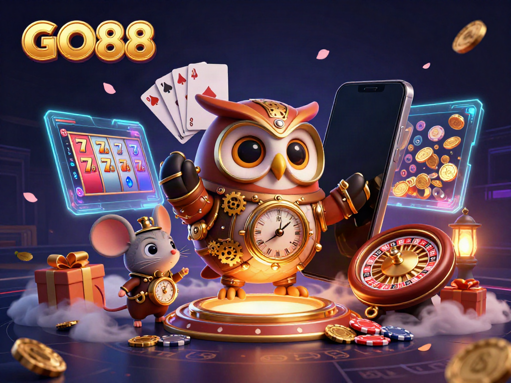 Spin the reels and win big with GO88 at this vibrant, futuristic casino scene.