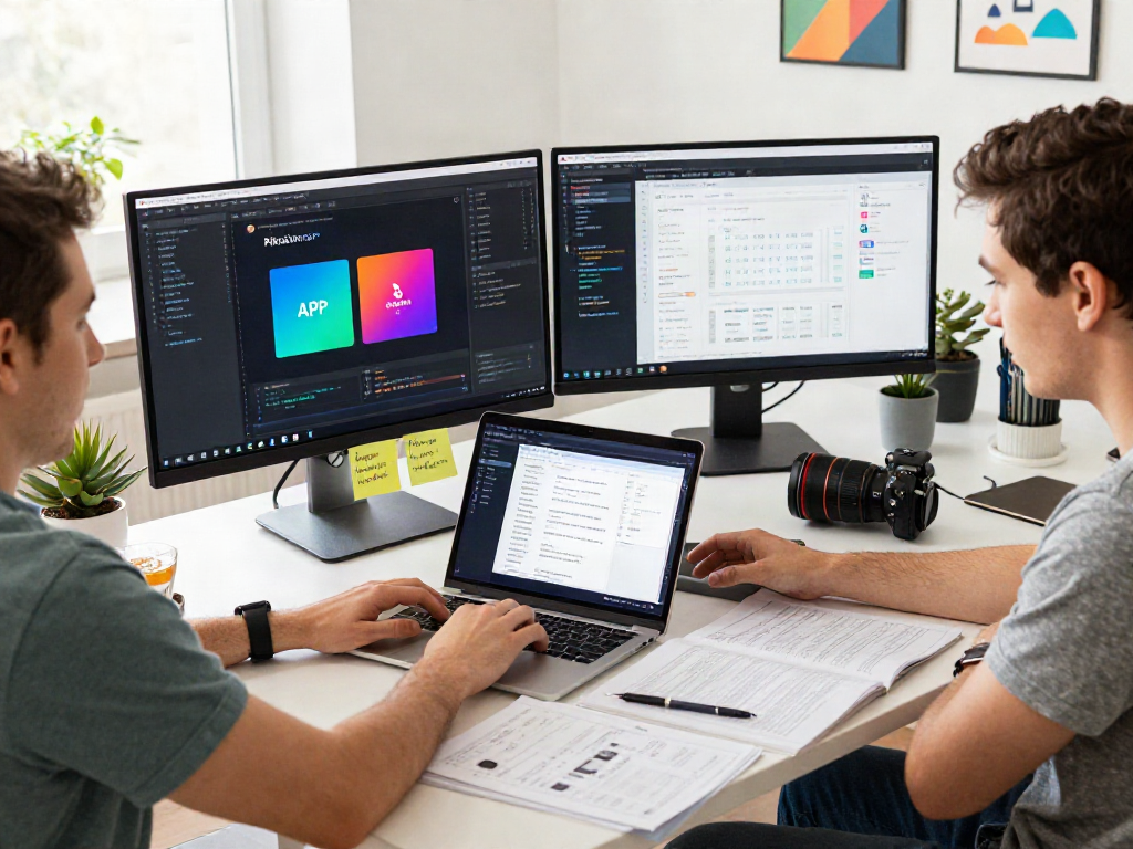 Pikashow APK development scene with coder and dual monitors in a bright workspace