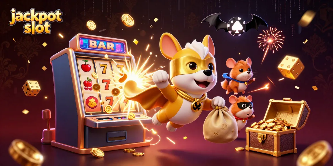 Experience the thrill of jackpot slots with a dynamic 3D superhero dog and his sidekick amidst explosive gaming symbols.