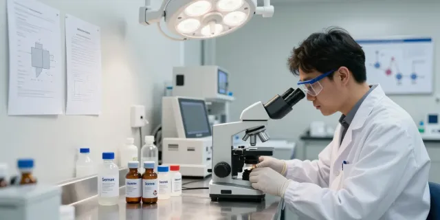 High purity semax analyzed in laboratory, researcher examines samples.