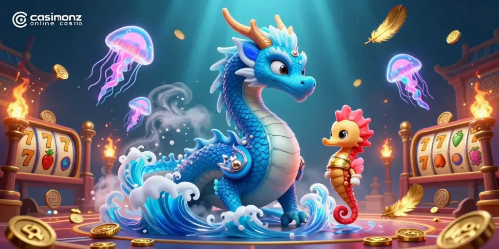 Immerse in the casinosnz online casino with a vibrant underwater dragon and casino elements.