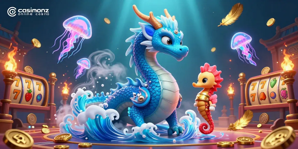 Immerse in the casinosnz online casino with a vibrant underwater dragon and casino elements.
