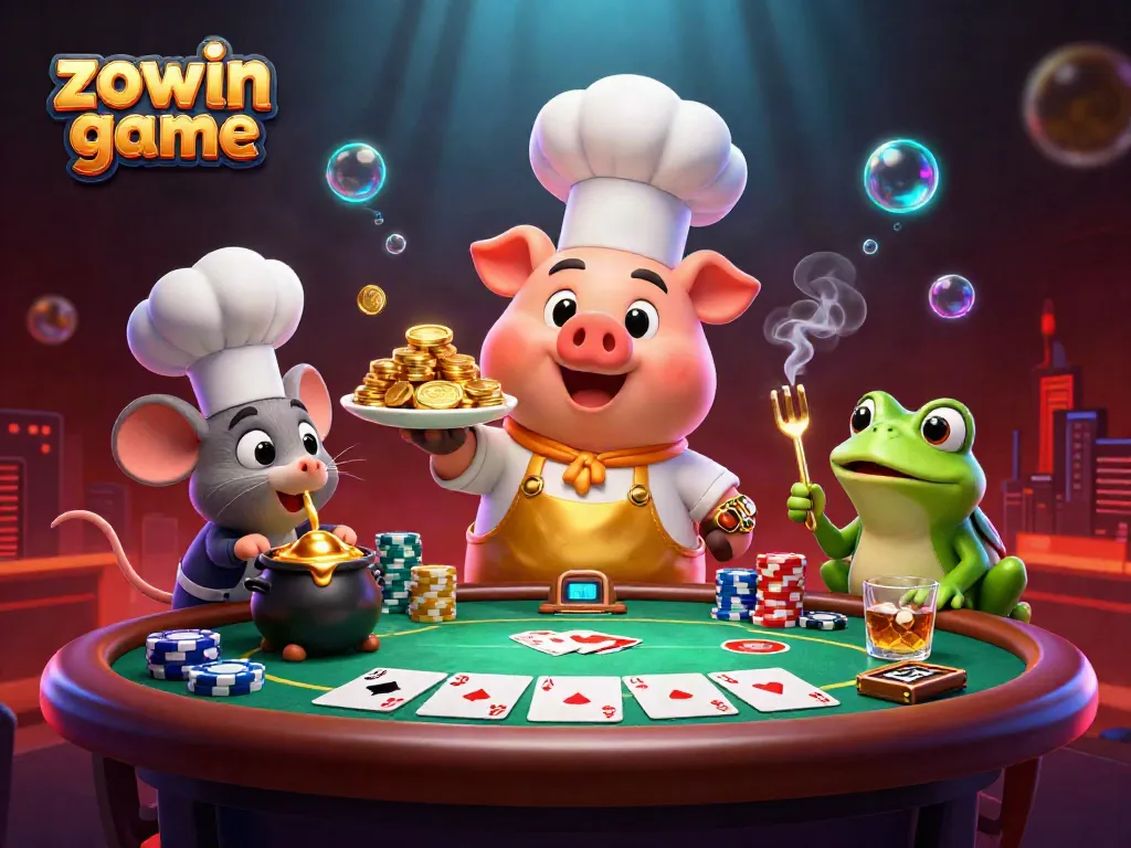Engage in the excitement of the zowin game featuring vibrant characters and poker elements in a 3D illustration.