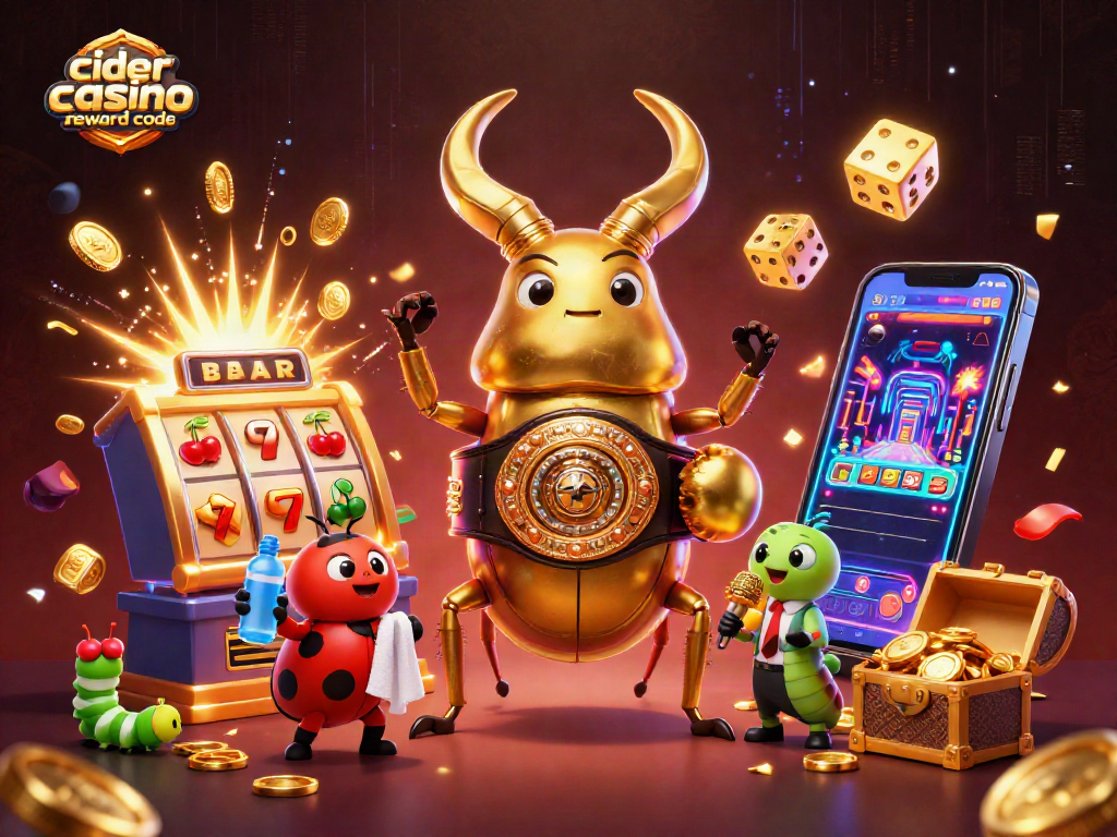 Cider casino reward code illustrated through vibrant scene featuring a giant golden beetle boxer and dynamic casino game elements.