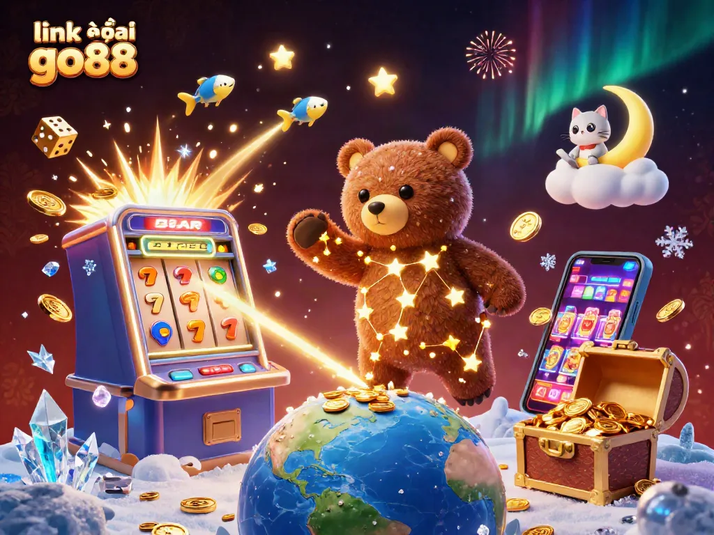 Engage with link vào go88 through a vibrant 3D illustration showcasing a jackpot explosion, slots, and the constellation bear.