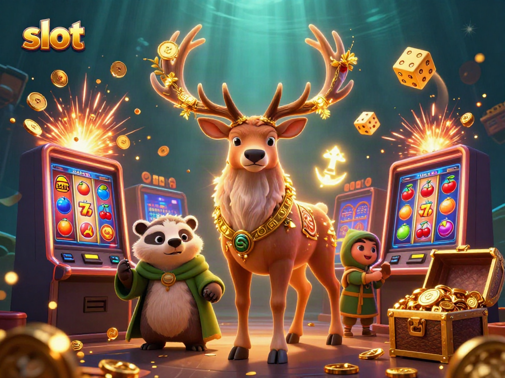 Spin the reels for a jackpot with the vibrant slot-themed 3D casino scene.