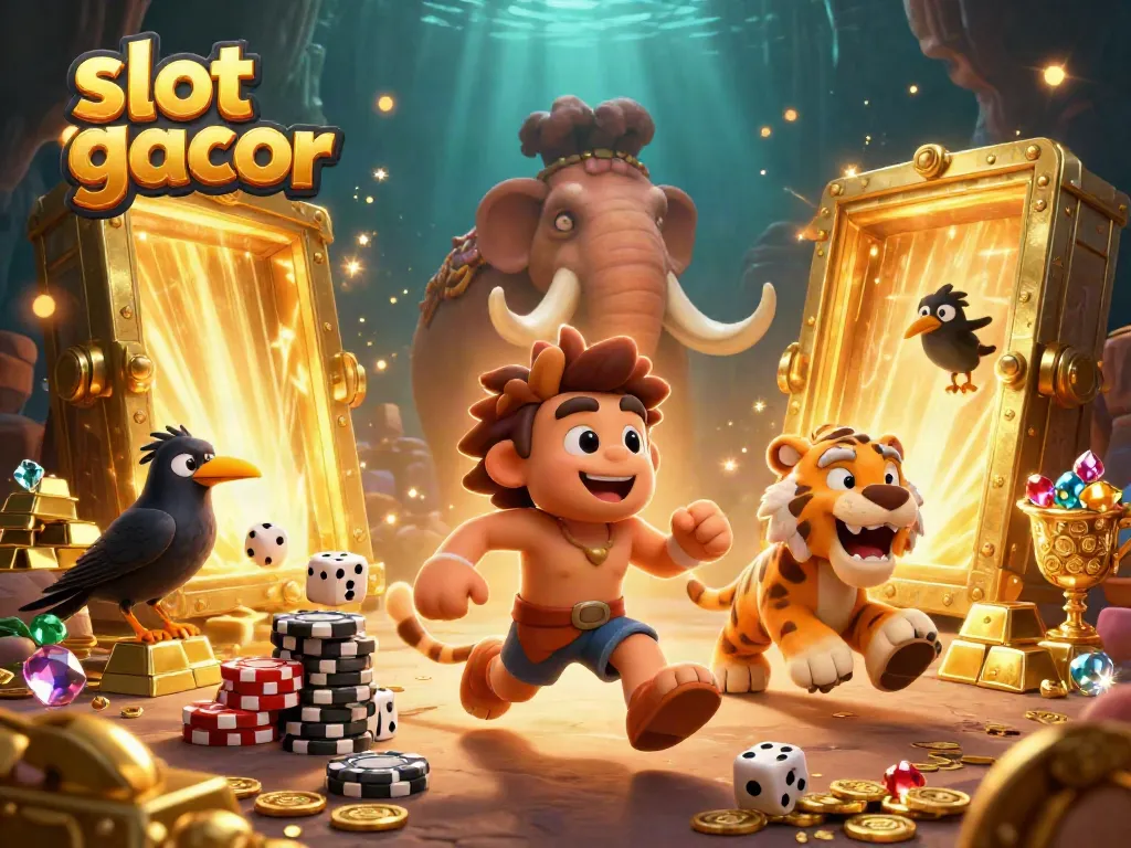 Gali potensi kemenangan slot gacor dengan ilustrasi kasino prasejarah yang penuh harta karun.