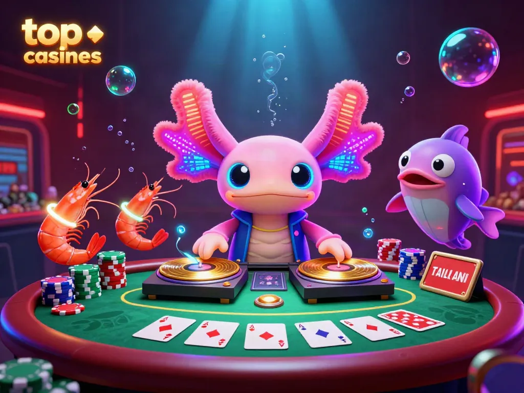 This vibrant underwater scene showcases top online casinos with a DJ axolotl and poker themes.