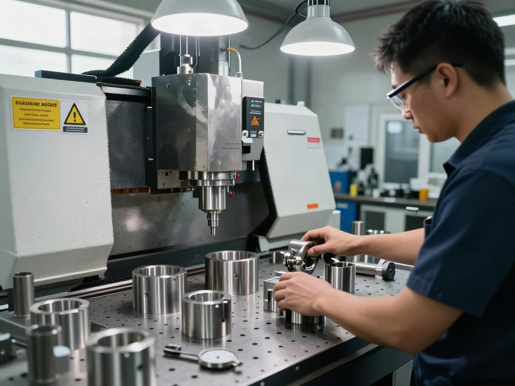 cnc machined stainless steel parts being meticulously crafted in an industrial workshop with professional machinist