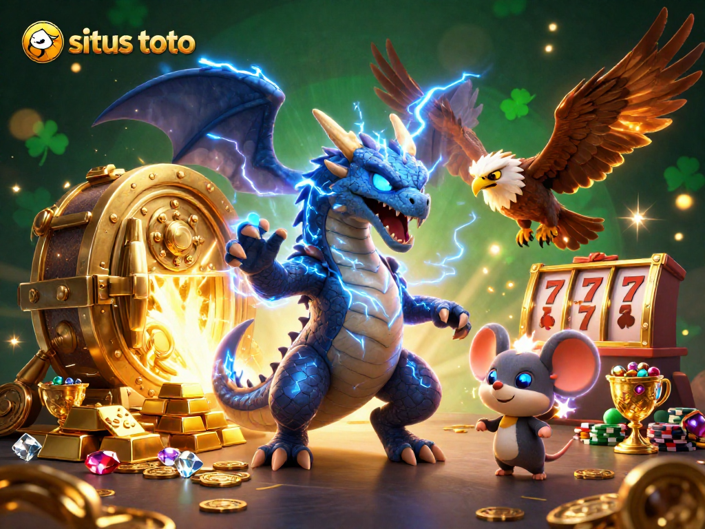 Gambarlah suasana situs toto dengan naga petir, elang, dan tikus petir, dikelilingi harta karun jackpot.