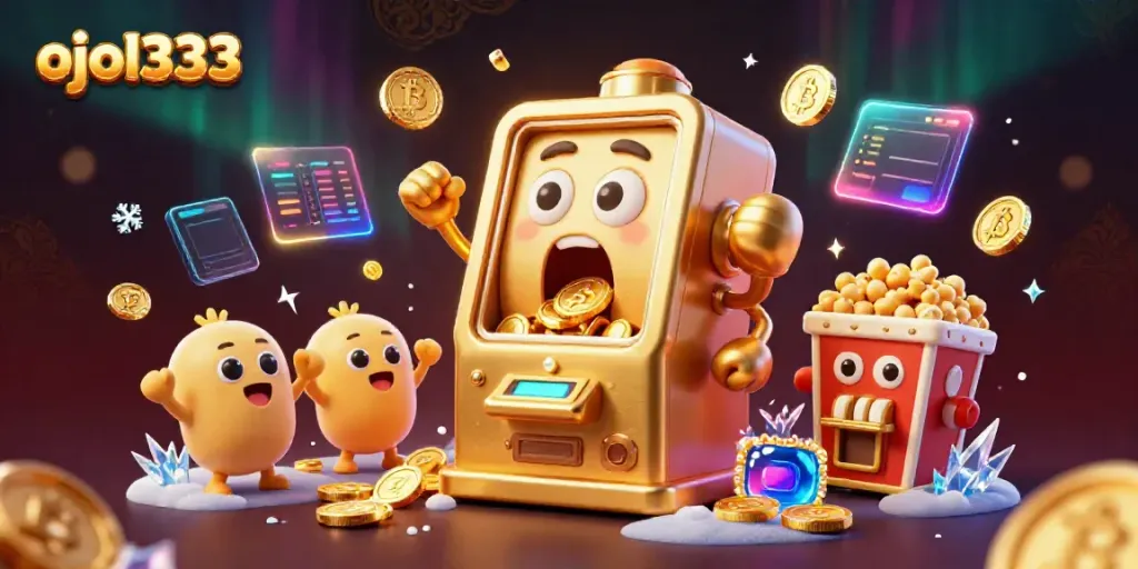 ojol333 slot machine hits a jackpot, surrounded by neon coins and cheering baby slots.