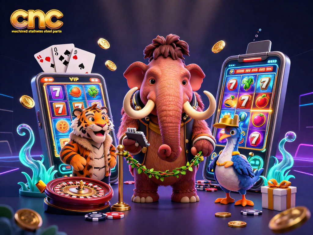 CNC machined stainless steel parts showcased in a vibrant casino scene with winning slot elements and interacting characters.
