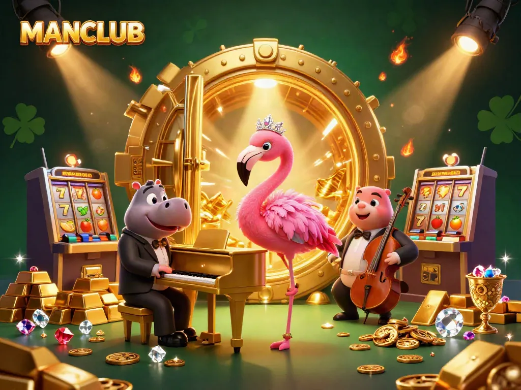 Experience excitement at MANCLUB with casino lounge characters surrounded by slot machines and gold treasures.